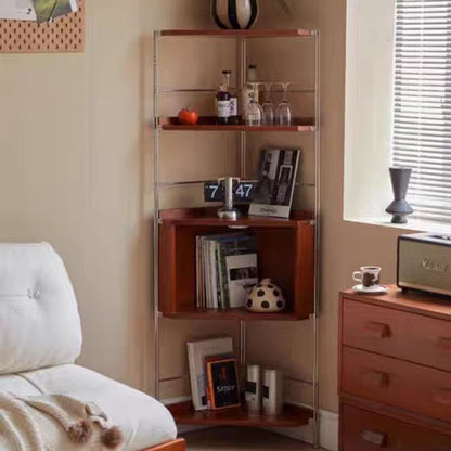 Modern Minimalist Triangular Cherry Wood Stainless Steel Corner Shelf Unit 5-Tier For Living Room