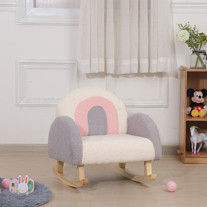 Contemporary Creative Kids Rainbow Teddy Plush Solid Wood Rocking Chair Backrest Armrest For Living Room