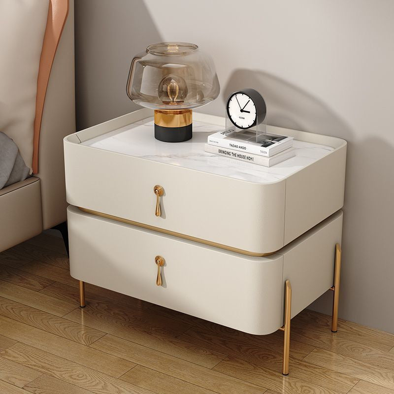 Contemporary Luxury Rectangular High-Leg Design Pine Wood Medium Density Fiberboard Microfiber Leather Stone Slab Carbon Steel Nightstand 2-Drawer For Bedroom