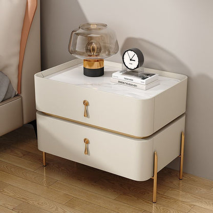 Contemporary Luxury Rectangular High-Leg Design Pine Wood Medium Density Fiberboard Microfiber Leather Stone Slab Carbon Steel Nightstand 2-Drawer For Bedroom