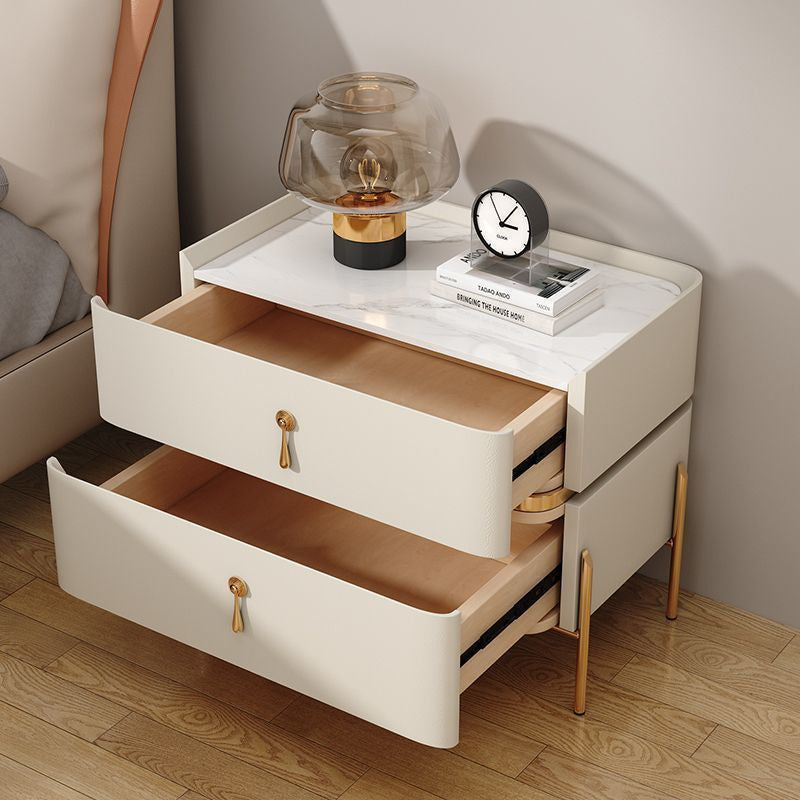 Contemporary Luxury Rectangular High-Leg Design Pine Wood Medium Density Fiberboard Microfiber Leather Stone Slab Carbon Steel Nightstand 2-Drawer For Bedroom