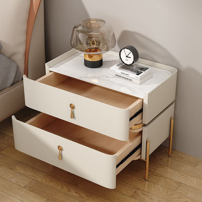 Contemporary Luxury Rectangular High-Leg Design Pine Wood Medium Density Fiberboard Microfiber Leather Stone Slab Carbon Steel Nightstand 2-Drawer For Bedroom
