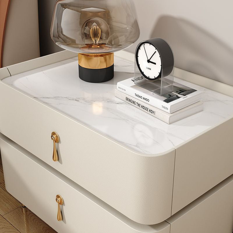 Contemporary Luxury Rectangular High-Leg Design Pine Wood Medium Density Fiberboard Microfiber Leather Stone Slab Carbon Steel Nightstand 2-Drawer For Bedroom