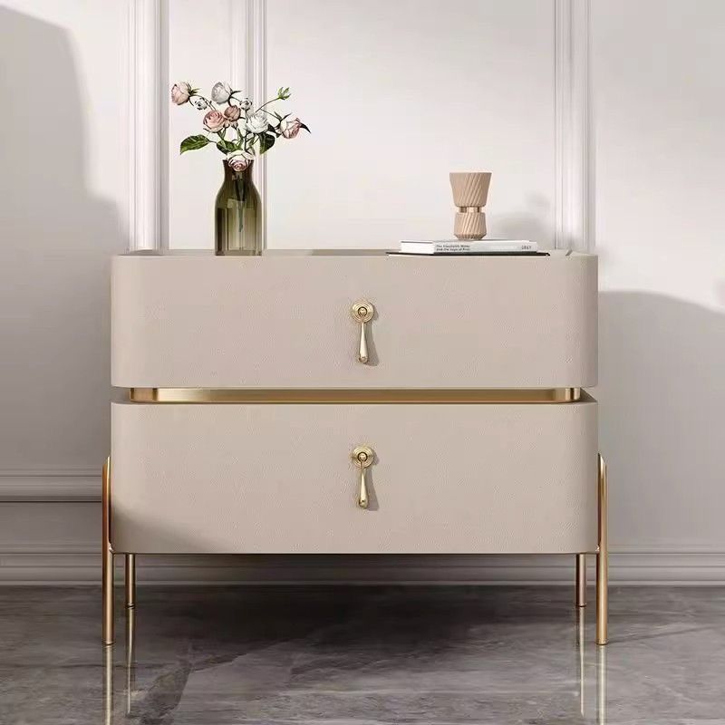 Contemporary Luxury Rectangular High-Leg Design Pine Wood Medium Density Fiberboard Microfiber Leather Stone Slab Carbon Steel Nightstand 2-Drawer For Bedroom