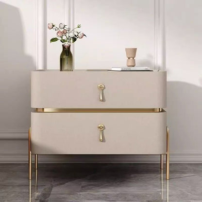 Contemporary Luxury Rectangular High-Leg Design Pine Wood Medium Density Fiberboard Microfiber Leather Stone Slab Carbon Steel Nightstand 2-Drawer For Bedroom