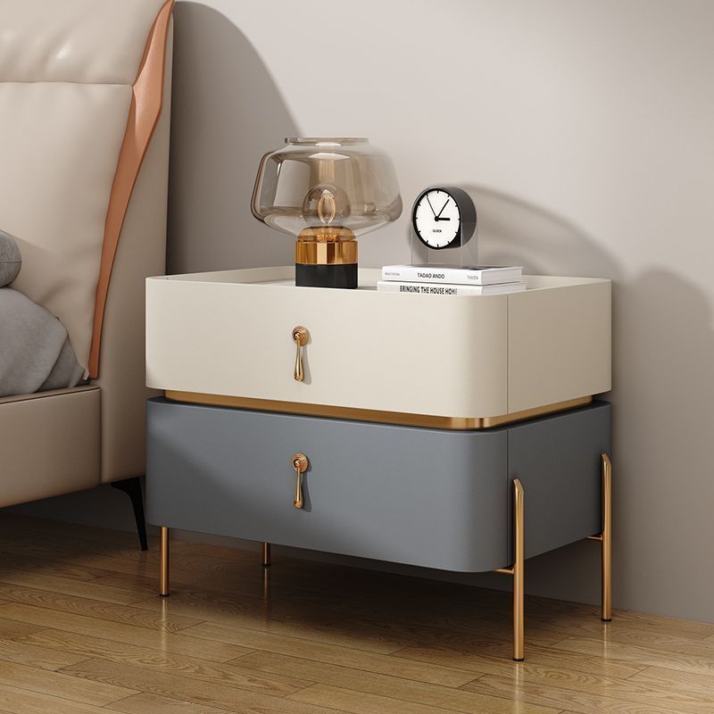Contemporary Luxury Rectangular High-Leg Design Pine Wood Medium Density Fiberboard Microfiber Leather Stone Slab Carbon Steel Nightstand 2-Drawer For Bedroom