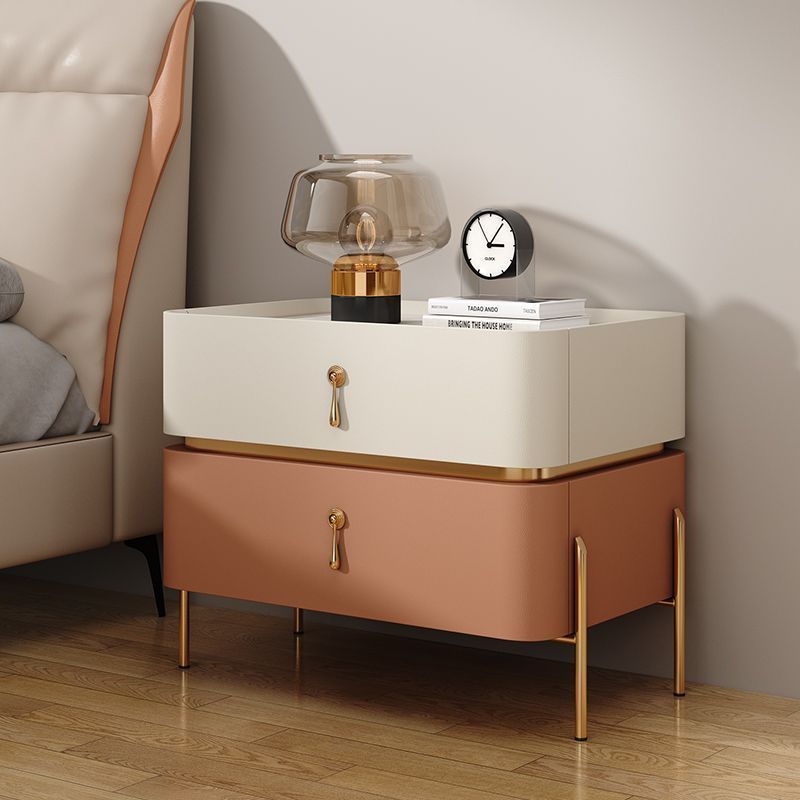 Contemporary Luxury Rectangular High-Leg Design Pine Wood Medium Density Fiberboard Microfiber Leather Stone Slab Carbon Steel Nightstand 2-Drawer For Bedroom