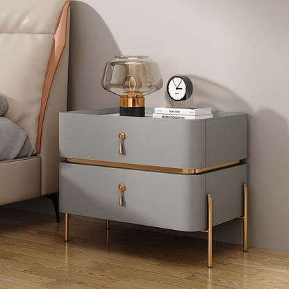 Contemporary Luxury Rectangular High-Leg Design Pine Wood Medium Density Fiberboard Microfiber Leather Stone Slab Carbon Steel Nightstand 2-Drawer For Bedroom