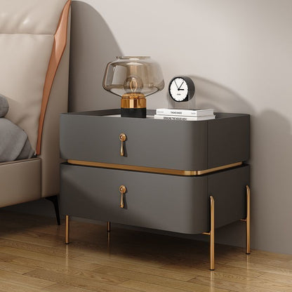 Contemporary Luxury Rectangular High-Leg Design Pine Wood Medium Density Fiberboard Microfiber Leather Stone Slab Carbon Steel Nightstand 2-Drawer For Bedroom