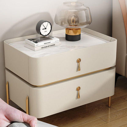 Contemporary Luxury Rectangular High-Leg Design Pine Wood Medium Density Fiberboard Microfiber Leather Stone Slab Carbon Steel Nightstand 2-Drawer For Bedroom