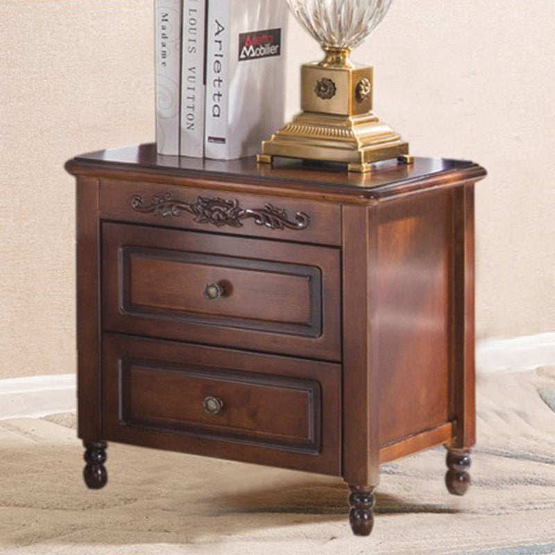 Traditional Vintage Rectangular Rubberwood Multi-Layer Plywood Aluminum Alloy Nightstand 2-Drawer For Bedroom