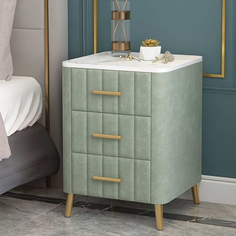 Contemporary Luxury Rectangular Marble Solid Wood Iron Velvet PU Leather Nightstand 3-Drawer For Bedroom