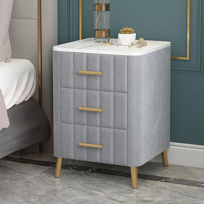 Contemporary Luxury Rectangular Marble Solid Wood Iron Velvet PU Leather Nightstand 3-Drawer For Bedroom