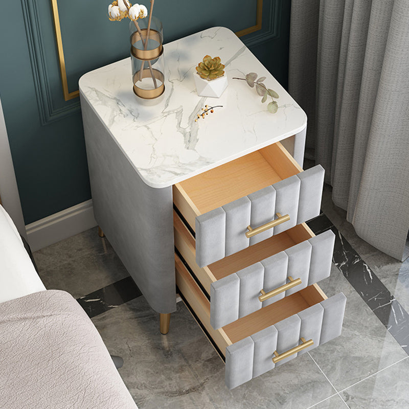Contemporary Luxury Rectangular Marble Solid Wood Iron Velvet PU Leather Nightstand 3-Drawer For Bedroom