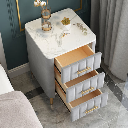 Contemporary Luxury Rectangular Marble Solid Wood Iron Velvet PU Leather Nightstand 3-Drawer For Bedroom