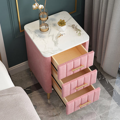 Contemporary Luxury Rectangular Marble Solid Wood Iron Velvet PU Leather Nightstand 3-Drawer For Bedroom