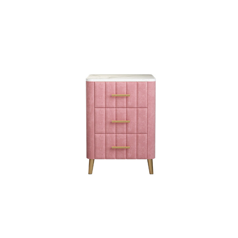 Contemporary Luxury Rectangular Marble Solid Wood Iron Velvet PU Leather Nightstand 3-Drawer For Bedroom