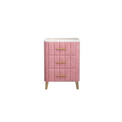 Contemporary Luxury Rectangular Marble Solid Wood Iron Velvet PU Leather Nightstand 3-Drawer For Bedroom