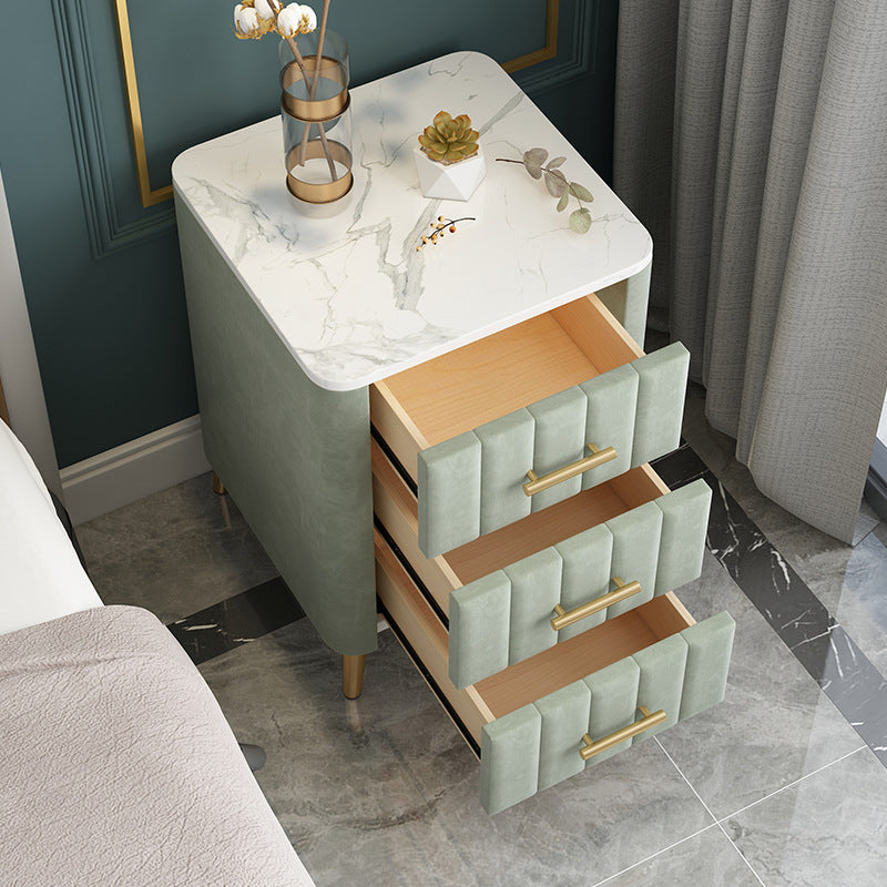 Contemporary Luxury Rectangular Marble Solid Wood Iron Velvet PU Leather Nightstand 3-Drawer For Bedroom
