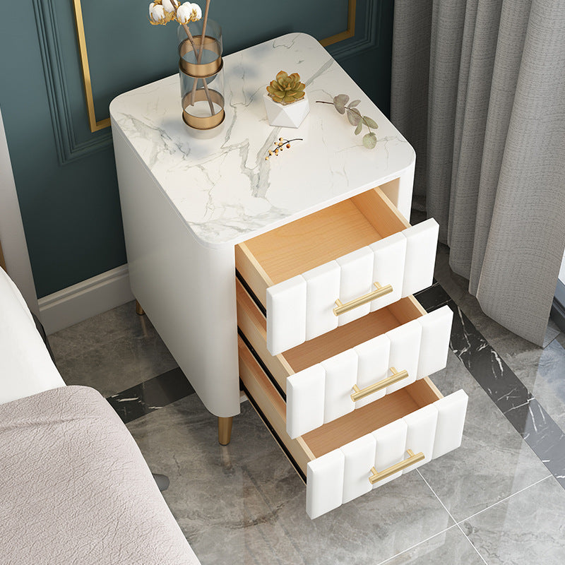 Contemporary Luxury Rectangular Marble Solid Wood Iron Velvet PU Leather Nightstand 3-Drawer For Bedroom