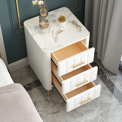 Contemporary Luxury Rectangular Marble Solid Wood Iron Velvet PU Leather Nightstand 3-Drawer For Bedroom