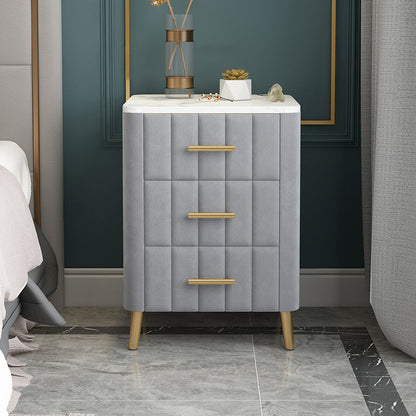 Contemporary Luxury Rectangular Marble Solid Wood Iron Velvet PU Leather Nightstand 3-Drawer For Bedroom