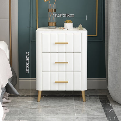 Contemporary Luxury Rectangular Marble Solid Wood Iron Velvet PU Leather Nightstand 3-Drawer For Bedroom