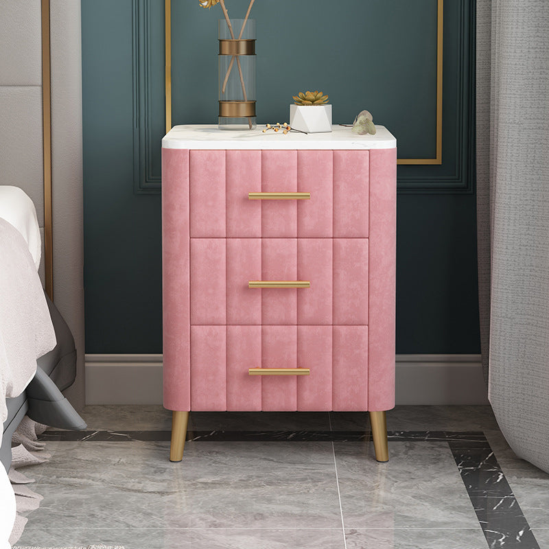 Contemporary Luxury Rectangular Marble Solid Wood Iron Velvet PU Leather Nightstand 3-Drawer For Bedroom