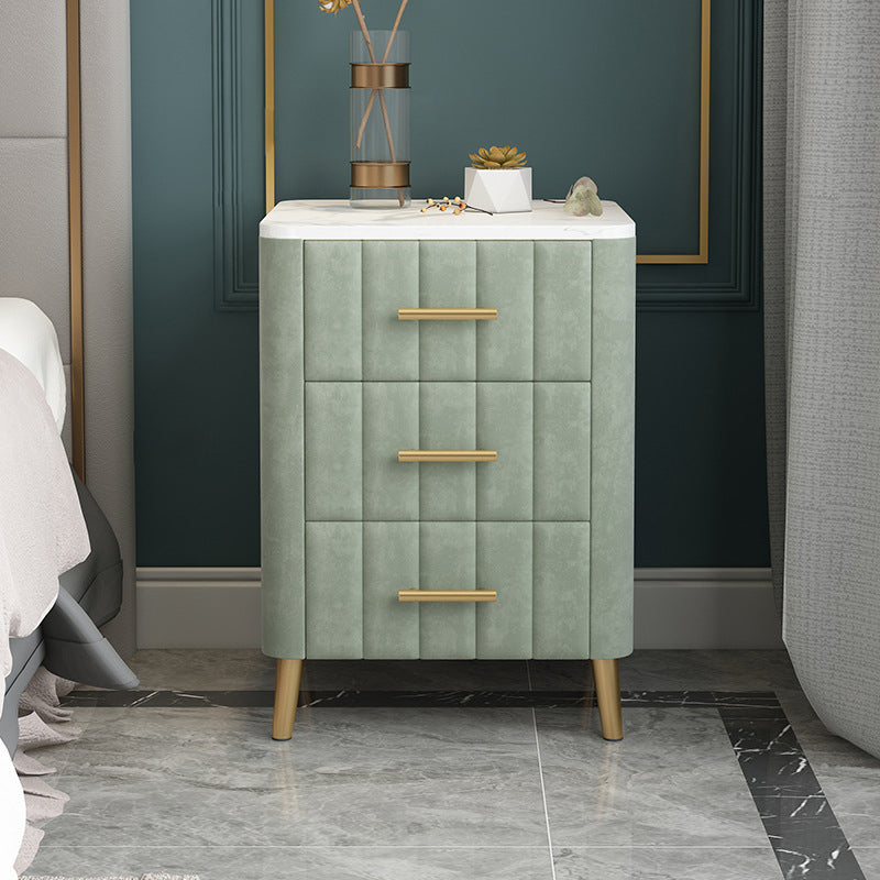 Contemporary Luxury Rectangular Marble Solid Wood Iron Velvet PU Leather Nightstand 3-Drawer For Bedroom