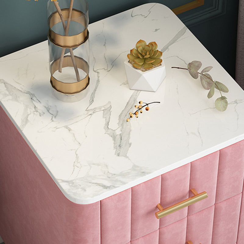 Contemporary Luxury Rectangular Marble Solid Wood Iron Velvet PU Leather Nightstand 3-Drawer For Bedroom