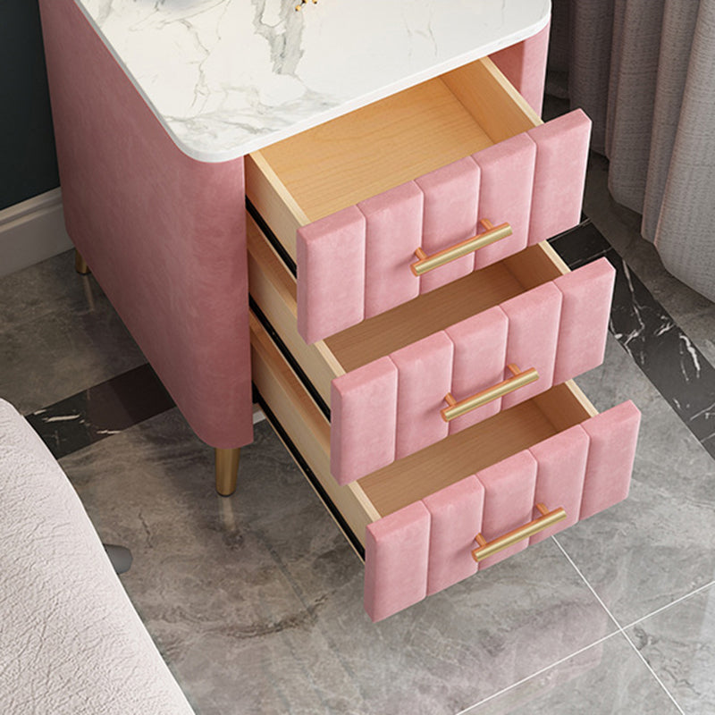 Contemporary Luxury Rectangular Marble Solid Wood Iron Velvet PU Leather Nightstand 3-Drawer For Bedroom
