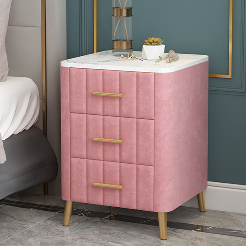 Contemporary Luxury Rectangular Marble Solid Wood Iron Velvet PU Leather Nightstand 3-Drawer For Bedroom
