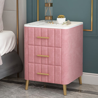 Contemporary Luxury Rectangular Marble Solid Wood Iron Velvet PU Leather Nightstand 3-Drawer For Bedroom