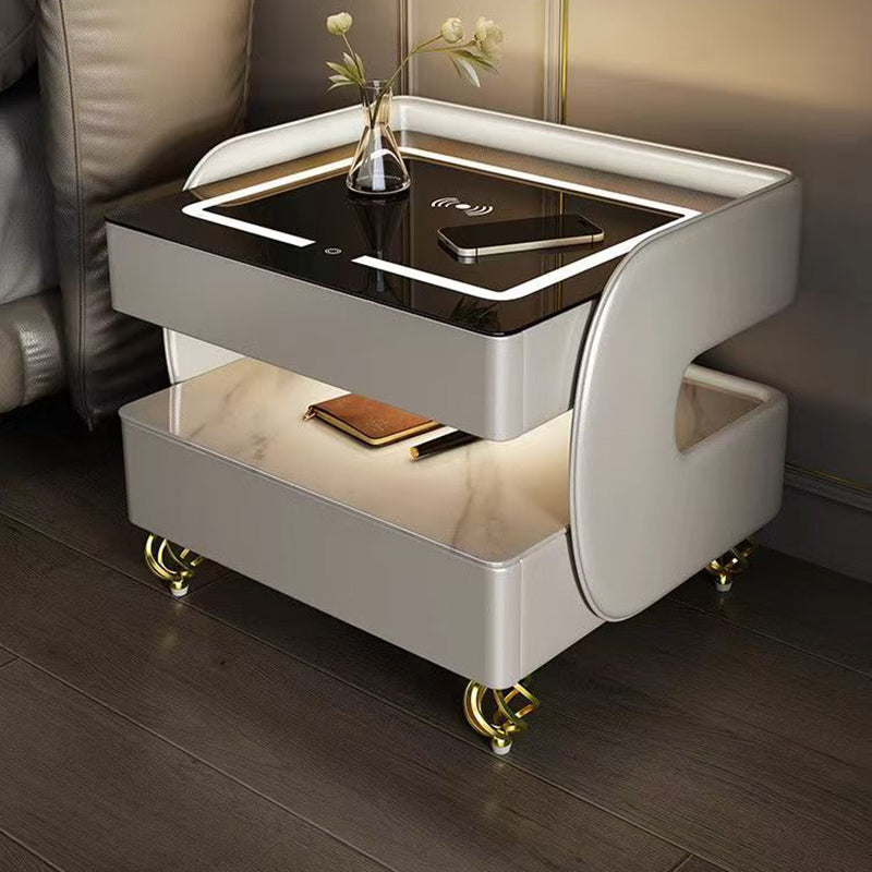 Modern Minimalist Rectangular Stone Slab Tempered Glass Solid Wood Fiberboard Steel Nightstand 2-Drawer For Bedroom