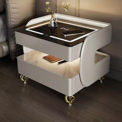 Modern Minimalist Rectangular Stone Slab Tempered Glass Solid Wood Fiberboard Steel Nightstand 2-Drawer For Bedroom