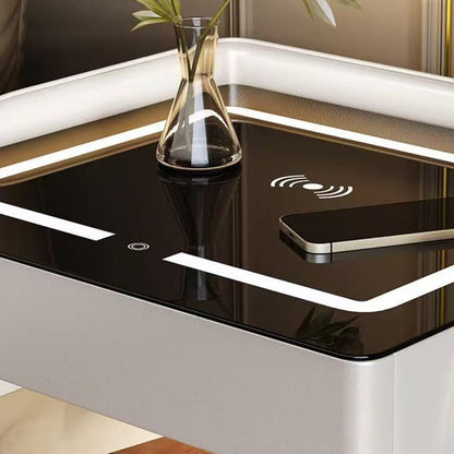 Modern Minimalist Rectangular Stone Slab Tempered Glass Solid Wood Fiberboard Steel Nightstand 2-Drawer For Bedroom
