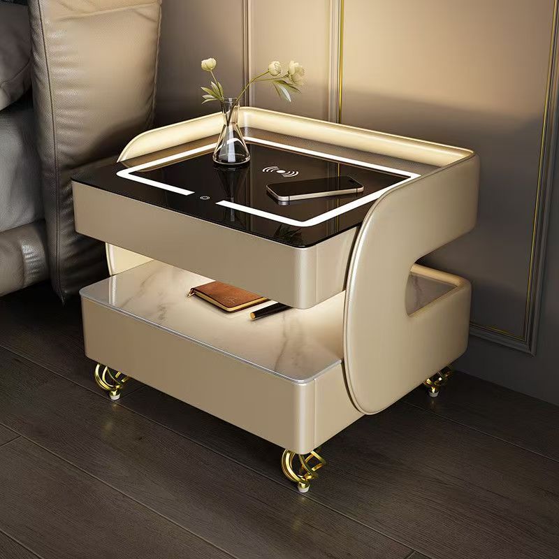 Modern Minimalist Rectangular Stone Slab Tempered Glass Solid Wood Fiberboard Steel Nightstand 2-Drawer For Bedroom