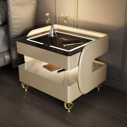 Modern Minimalist Rectangular Stone Slab Tempered Glass Solid Wood Fiberboard Steel Nightstand 2-Drawer For Bedroom