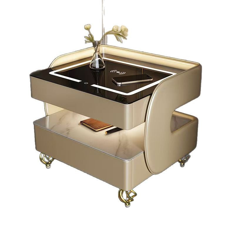 Modern Minimalist Rectangular Stone Slab Tempered Glass Solid Wood Fiberboard Steel Nightstand 2-Drawer For Bedroom