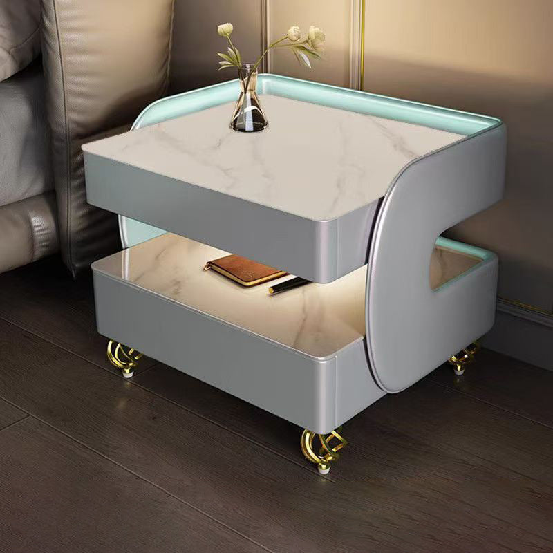 Modern Minimalist Rectangular Stone Slab Tempered Glass Solid Wood Fiberboard Steel Nightstand 2-Drawer For Bedroom