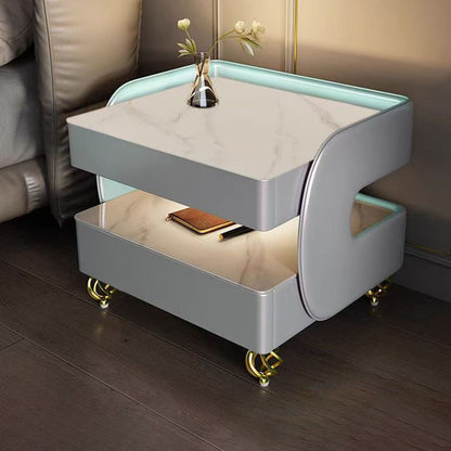 Modern Minimalist Rectangular Stone Slab Tempered Glass Solid Wood Fiberboard Steel Nightstand 2-Drawer For Bedroom
