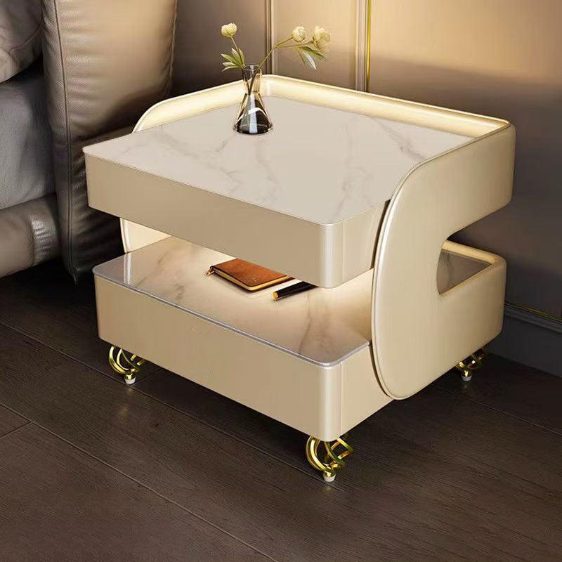 Modern Minimalist Rectangular Stone Slab Tempered Glass Solid Wood Fiberboard Steel Nightstand 2-Drawer For Bedroom