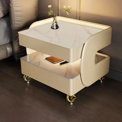 Modern Minimalist Rectangular Stone Slab Tempered Glass Solid Wood Fiberboard Steel Nightstand 2-Drawer For Bedroom