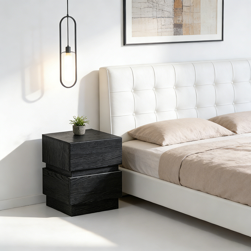 Modern Minimalist Rectangular Solid Particle Board Nightstand 2-Drawer For Bedroom