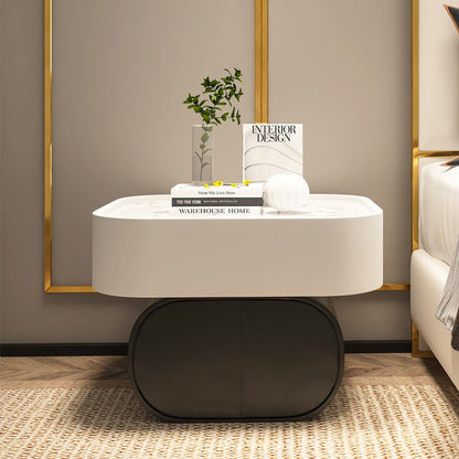 Contemporary Luxury Cylindrical Rectangular Slab Stone Solid Wood Medium Density Fiberboard Faux Leather Nightstand 2-Drawer For Bedroom