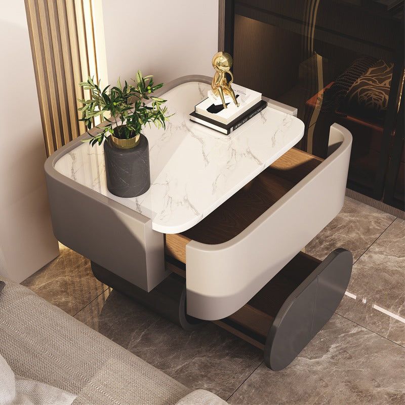 Contemporary Luxury Cylindrical Rectangular Slab Stone Solid Wood Medium Density Fiberboard Faux Leather Nightstand 2-Drawer For Bedroom
