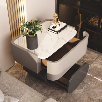 Contemporary Luxury Cylindrical Rectangular Slab Stone Solid Wood Medium Density Fiberboard Faux Leather Nightstand 2-Drawer For Bedroom