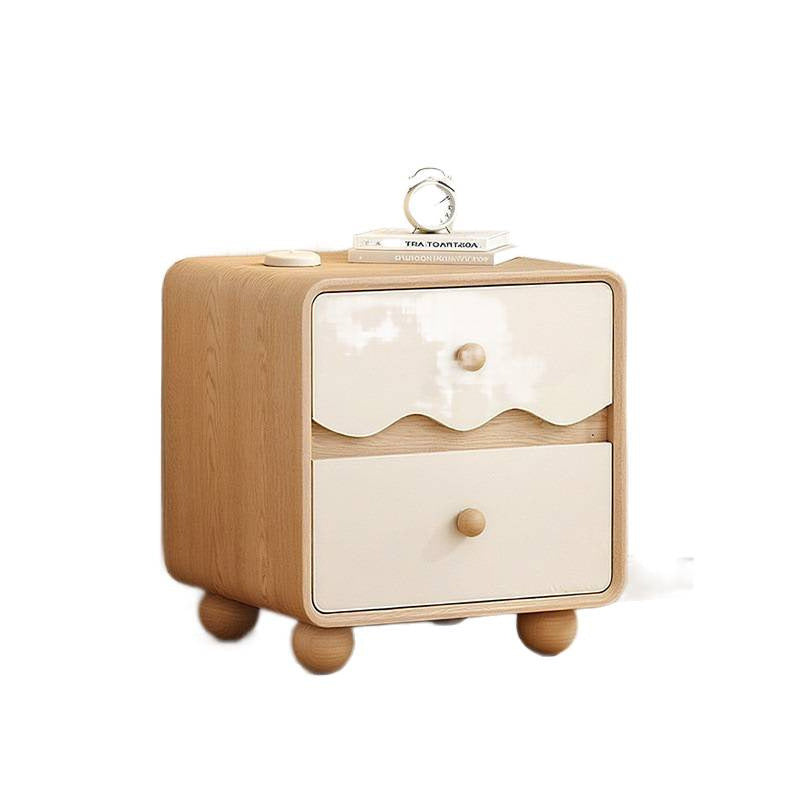 Contemporary Creative Rectangular Spherical Pine Wood Solid Wood Cat Paw Leather Nightstand 2-Drawer For Bedroom