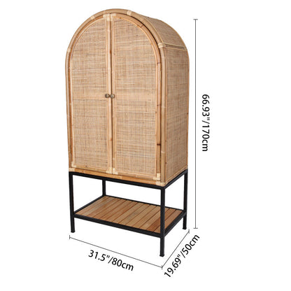 Contemporary Boho Handwoven Indonesian Rattan Solid Wood Iron Storage Cabinet - Arched Cabinet With Breathable Woven For Living Room