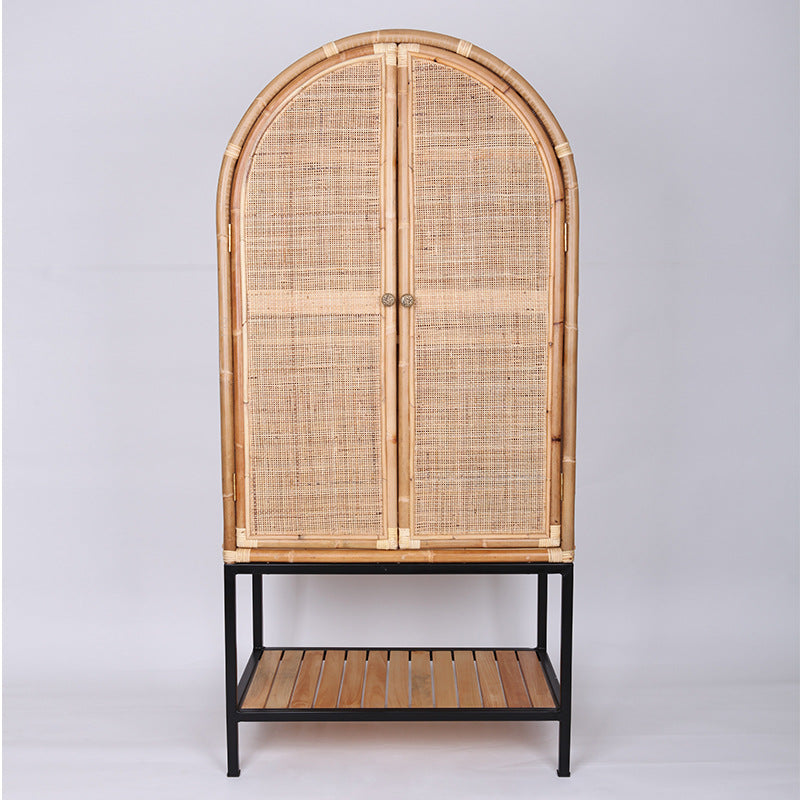 Contemporary Boho Handwoven Indonesian Rattan Solid Wood Iron Storage Cabinet - Arched Cabinet With Breathable Woven For Living Room